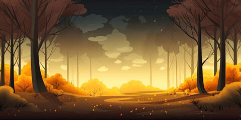 Autumn woodland forest background anime cartoon style orange woods trees wide landscape banner, generated ai