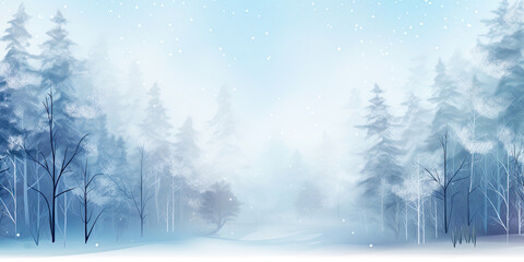 Winter frozen forest woodland snow covered trees white misty freezing landscape scene wide backdrop, generated ai