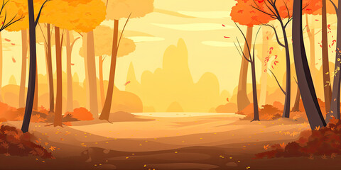Autumn woodland forest background anime cartoon style orange woods trees wide landscape banner, generated ai