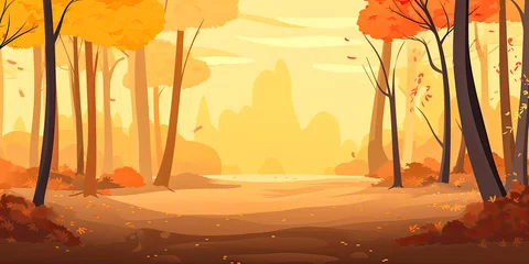 Zelfklevend Fotobehang Autumn woodland forest background anime cartoon style orange woods trees wide landscape banner, generated ai © dan