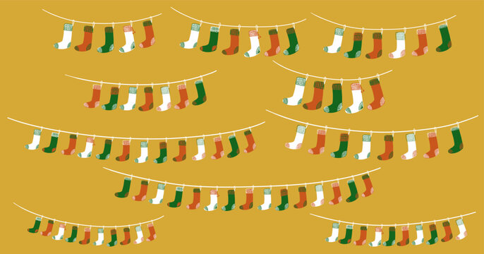Christmas Socks Garland Collection. Xmas String Set. New year hand drawn socks in vintage style. Retro cute stocking cartoon doodle kids elements. Childish isolated vector illustration
