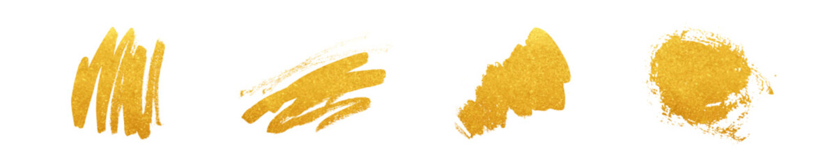 Vector set of gold brush glitter splashes. Golden brush strokes, smears. Foil metal effect. Luxury shiny frame background for labels, Christmas design, stickers. Sparkle stain banner elements - 677952310