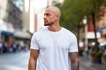 Obraz premium handsome man on the street in an empty white T-shirt
