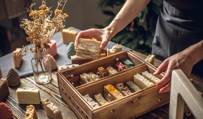 A woman soap maker holds handmade soap in her hands. A lot of different sliced pieces in a wooden box. Eco-friendly natural handmade cosmetics - obrazy, fototapety, plakaty