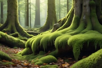 A Old wood covered with green moss in the forest. Wildlife landscape. Beautiful Bright Green moss grown up cover the rough stones and on the floor in the forest. Product display mockup
