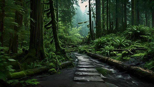 An immense mudslide pushes through the heart of a lush forest making the large trees sway wildly and flooding the wooden pathways.