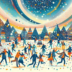 illustration of the joy and celebration of Christmas around the world, digital art with colorful dot pattern