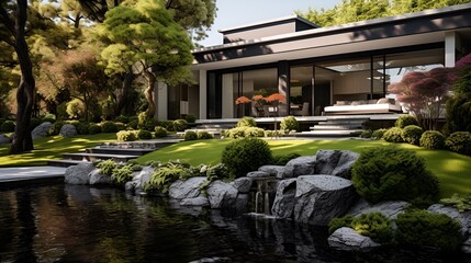 Fototapeta na wymiar Modern luxury house with front yard water feature