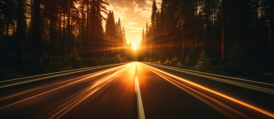 Long exposure photo of car on the road with abstract high speed motion blur background
