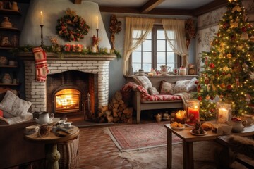 Fototapeta na wymiar Traditional Christmas scene, fireplace adorned with holiday decor, inviting warmth and comfort.