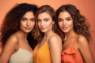 Trio of young women with vibrant hair and summer attire, unity in diversity, studio portrait.