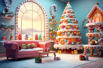 Festive interior with ornate Christmas tree, abundance of presents, seasonal decor, warm holiday...