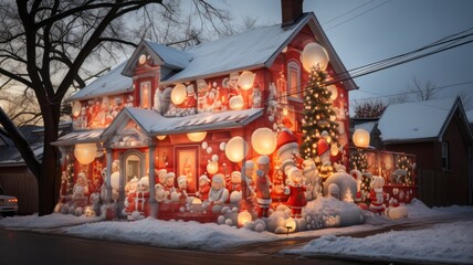 House decorated with Christmas tree with lights and snow covered, inflatable Santa Claus decorating everything - obrazy, fototapety, plakaty