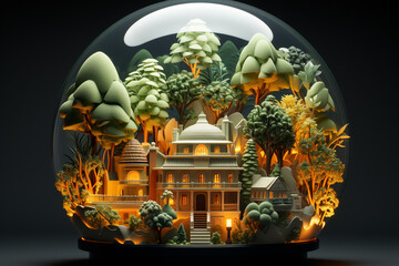 3d render of a crystal ball with a fairy tale castle and trees