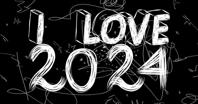 I Love 2024 number and word animation of old chaotic film strip with grunge effect. Busy destroyed TV, video surface, vintage screen white scratches, cuts, dust and smudges.