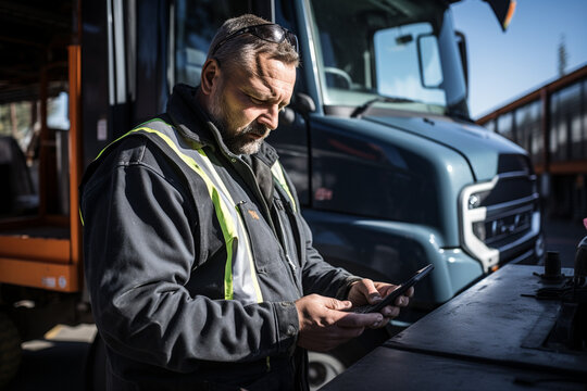 Portrait of a caucasian truck driver using mobile phone outdoors