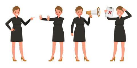 Set of working woman wear black dress color character vector design. Presentation in various action. People working in office planning, thinking and economic analysis on isolated white background.
