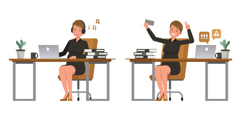Set of working woman wear black dress color character vector design. Presentation in various action. People working in office planning, thinking and economic analysis on isolated white background.