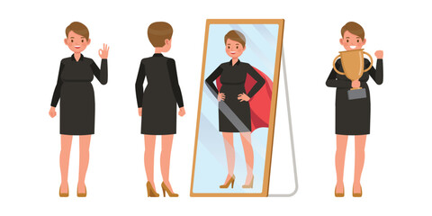 Set of working woman wear black dress color character vector design. Presentation in various action. People working in office planning, thinking and economic analysis on isolated white background.