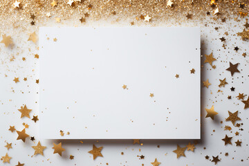 Blank card with golden stars confetti on white background, top view