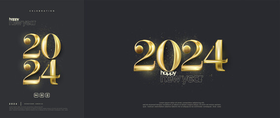Happy new year 2024 elegant and luxurious. With luminous shiny luxury gold numbers. Design for posters, invitations, greetings and backgrounds. - obrazy, fototapety, plakaty