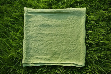 Green napkin on green grass background, top view