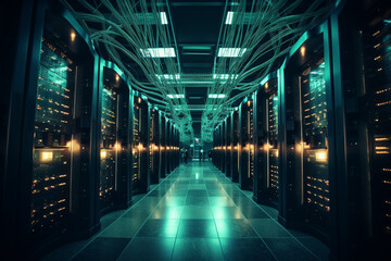 Network server room data center with rows of server racks for digital data storage