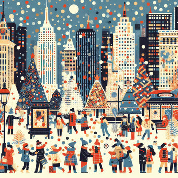 illustration of the joy and celebration of Christmas around the world, digital art with colorful dot pattern