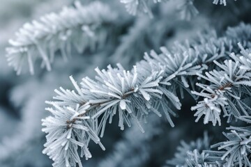Close-up of frost-covered pine branches, delicate winter chill, nature's texture