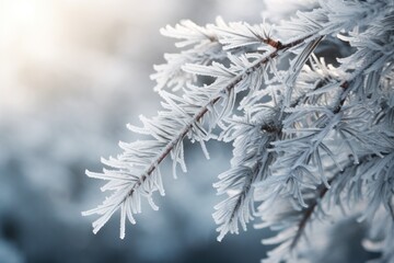 Winter's touch on evergreen, intricate frost patterns on soft pine needles