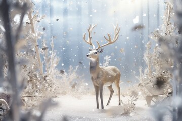 Winter wonderland, serene deer amidst snowy branches, tranquil seasonal landscape