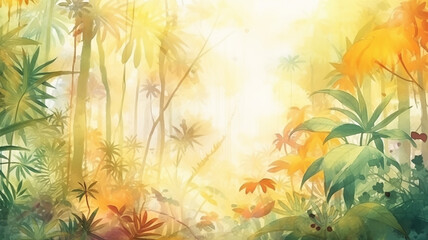 Fototapeta na wymiar watercolor image indian summer in the jungle rainforest in the tones of golden autumn and leaf fall