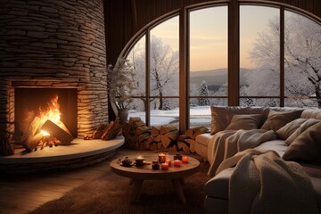 Cozy winter retreat plush sofas warm fireplace panoramic view snowy landscape