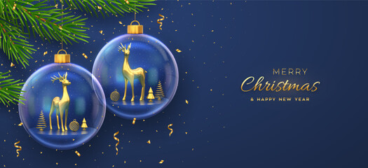 Obraz na płótnie Canvas Merry christmas greeting card or banner. Hanging transparent glass balls with golden deers inside, spruce branches on blue background, golden confetti. New Year Xmas 3D design. Vector illustration.
