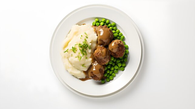 Swedish Meatballs Peas Mashed Potatoes And Gravy.  Generated with AI.
