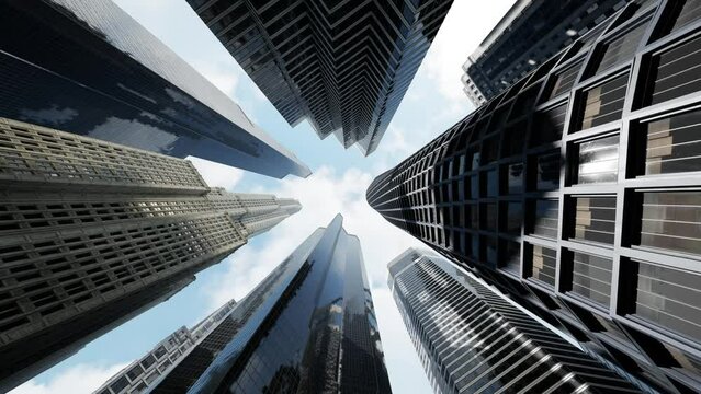 The camera pans from bottom to top in the middle of a business district in the middle of skyscrapers and captures the reflection of passing clouds.