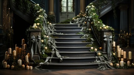 Stairs of a large mansion railings decorated with golden bows, Christmas decorations preparing everything for Christmas