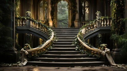 decorating stairs for Christmas with lights and pine streamers, candles and lit lights