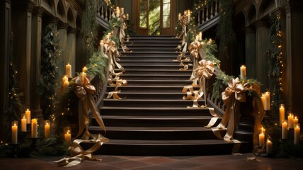 decorating stairs for Christmas with lights and pine streamers, candles and lit lights