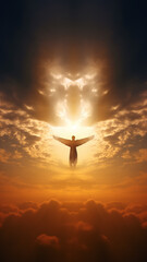 vertical background heavenly landscape, angel in heaven in the light of the sun with wings on the background of sunset, religious faith concept