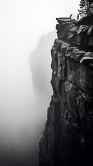 vertical panorama landscape fog over a cliff in the mountains, minimalism in the style of black and white