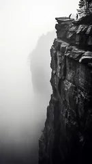 Fotobehang vertical panorama landscape fog over a cliff in the mountains, minimalism in the style of black and white © kichigin19