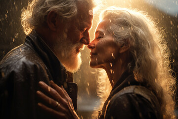 portrait of a kissing under rain elderly couple, true love