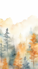 vertical autumn background in coniferous forest, texture of fir trees and pines in autumn watercolor style