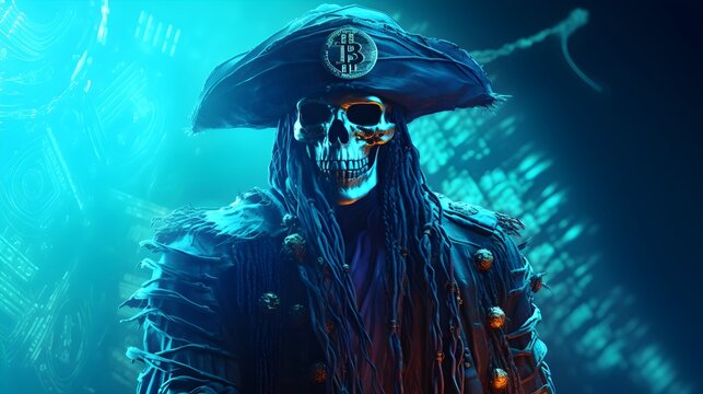 Captain Pirate Thief Of Cryptocurrency In The Digital Online Technological World.  Generated with AI.