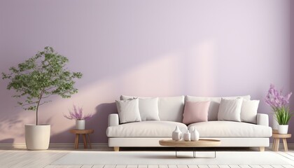 Fototapeta na wymiar Horizontal space with bright mockup empty wall. Living room - modern design Living room.