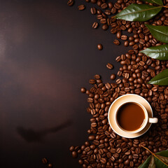 Coffee with beans, top view, close-up, on a dark table Coffee day