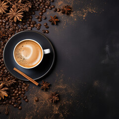 Coffee with beans, top view, close-up, on a dark table Coffee day