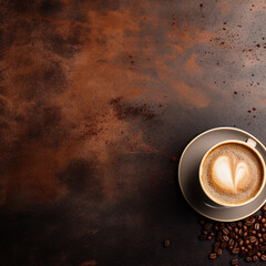 Coffee with beans, top view, close-up, on a dark table Coffee day