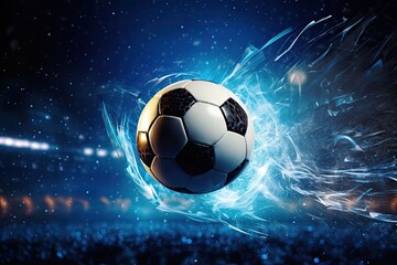 Fototapeta premium Football is in the goal with blue sky and water spray splashing